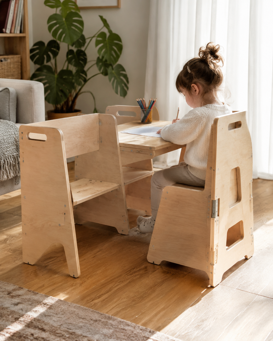 Learning Tower folded open into desk mode, child drawing at the bench