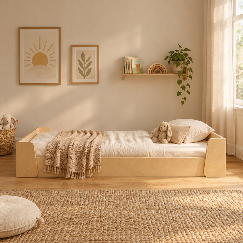 Tumbleroot Story Nook Bed styled in a full minimal Montessori nursery room setting