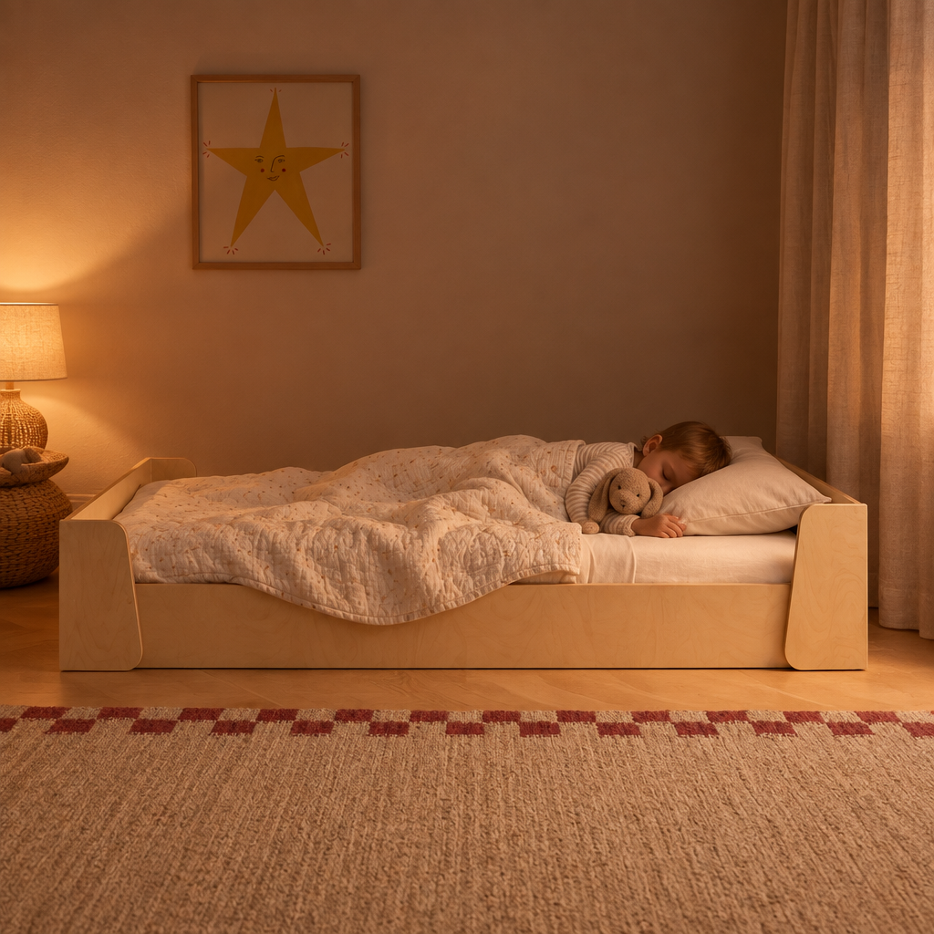 Child asleep in the Tumbleroot Story Nook Bed at night