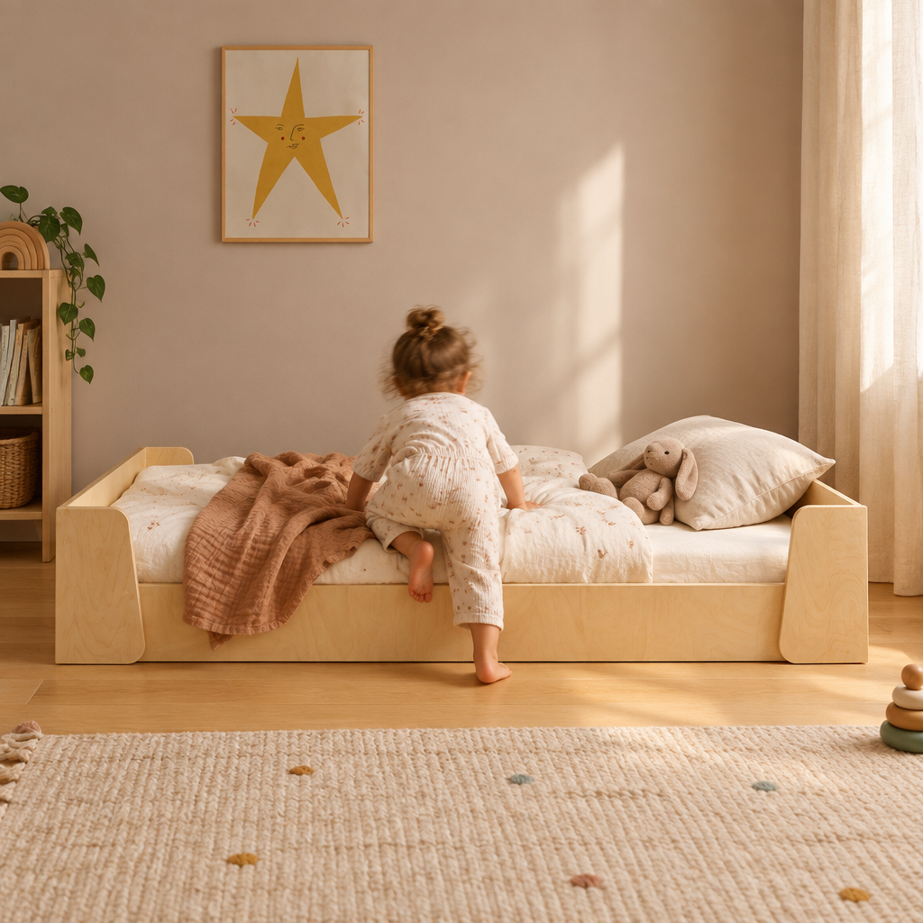 Toddler climbing independently into the Tumbleroot Story Nook Bed