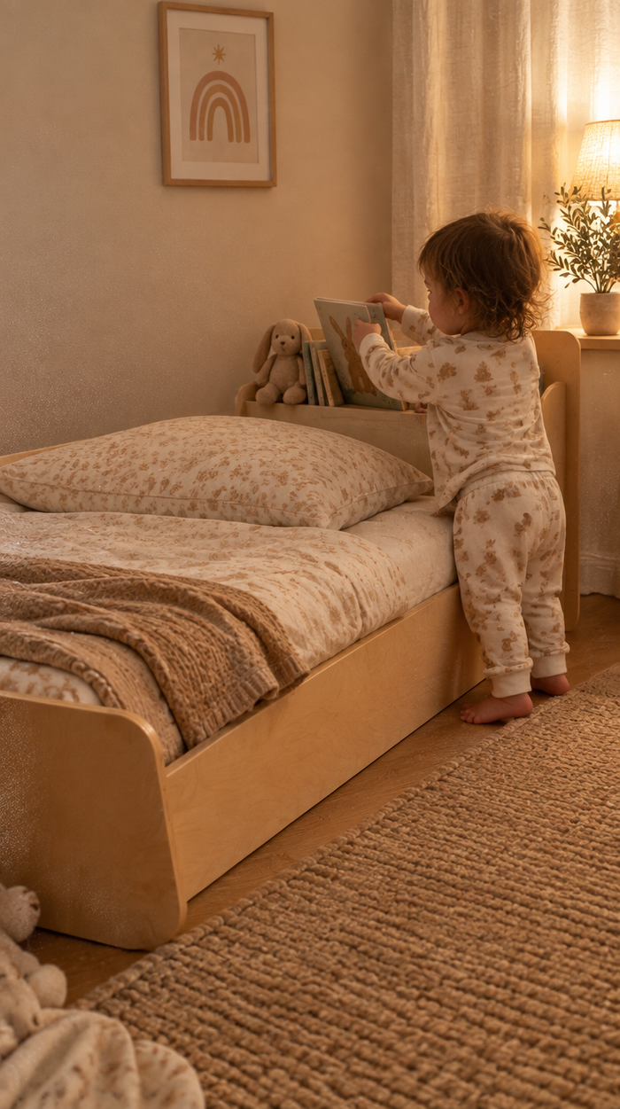 Story Nook Bed 9x16 UGC - child picking a book from the shelf at bedtime